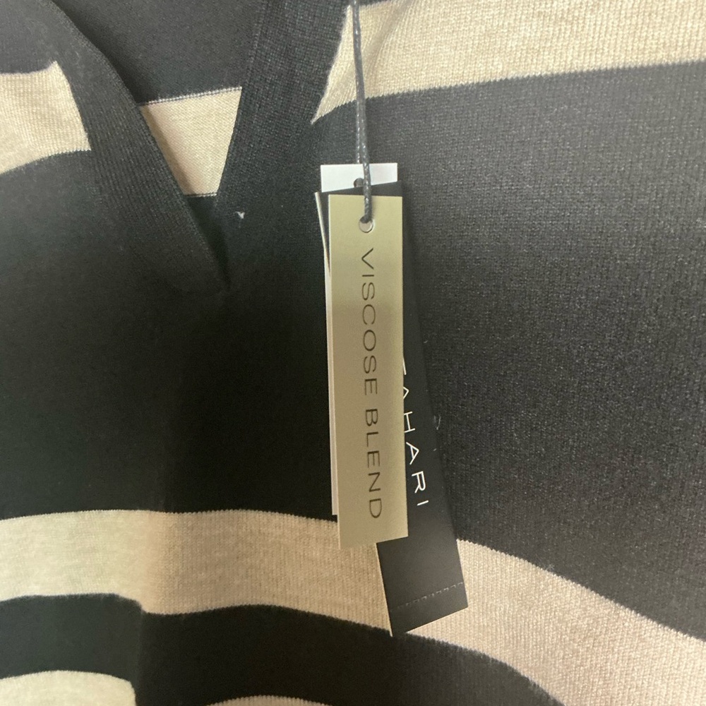 T Tahari Black and Tan Striped V-Neck Sweater - Picture 6 of 8